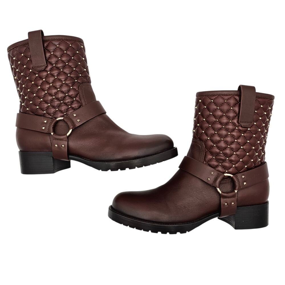 Valentino Garavani Rockstud Quilted Moto Harness Boot Brown Leather 40 US 10 - Picture 6 of 11